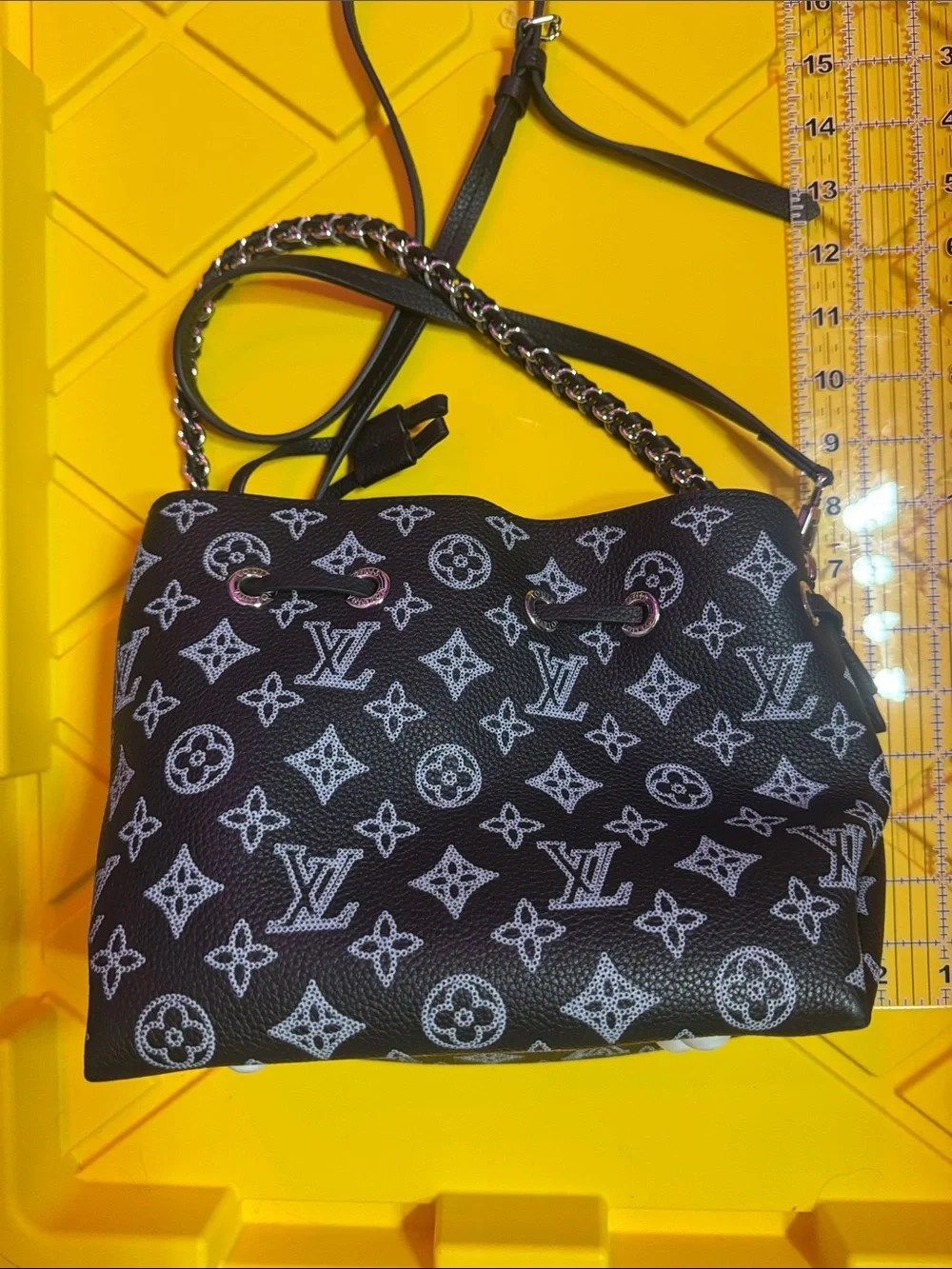 Black Monogram Mini Drawstring Bucket Bag with Silver Chain